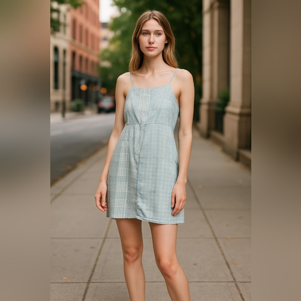 American Eagle Outfitters Green Linen Blend Plaid Mini Dress Preppy Medium